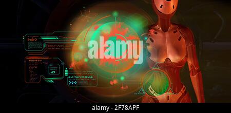 Alien arbeitet mit Daten im Mars-Orbit. 3D-Rendering Stockfoto