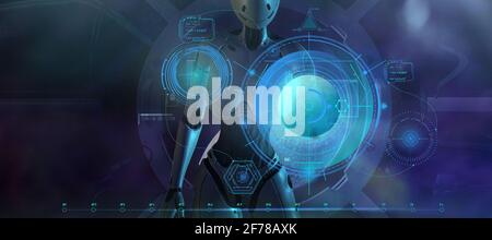 Ein fremder Roboter arbeitet mit Daten in der Umlaufbahn des Mondes. 3D-Rendering Stockfoto