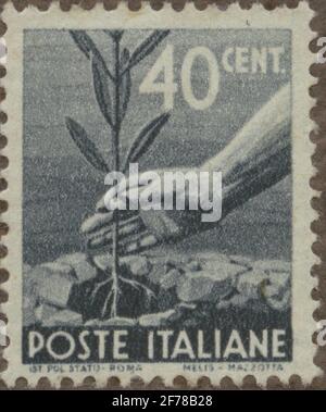 Briefmarke aus Gösta Bodmans Philatelistenauftrag, begann 1950, die Briefmarke aus Italien, 1945. Motive der Pflanzung. Stockfoto