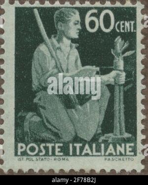 Die Briefmarke der philatelistischen Motivsammlung von Gösta Bodman begann 1950, die Briefmarke aus Italien, 1945. Bewegungen der Transplantation. Stockfoto