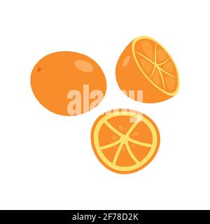Orange Frucht mit Blatt und Scheibe. Vektordarstellung auf weißem Hintergrund isoliert. Stock Vektor