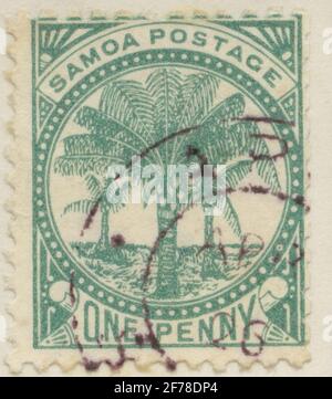 Die Briefmarke der philatelistischen Motivsammlung von Gösta Bodman begann 1950, die Briefmarke von den Samoa-Inseln, 1887. Motive von Kokospalmen. Stockfoto