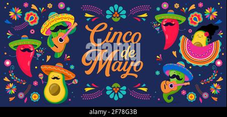 Cinco de Mayo - 5. Mai, Bundesfeiertag in Mexiko. Lustige, niedliche Charaktere wie Chilli, Avocado, Kaktus, der Gitarre spielt, tanzt und trinkt Tequila Stock Vektor