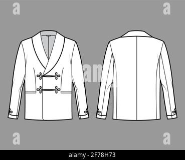 Smoking Jacket technische Mode-Illustration mit zweireihigen, langen Ärmeln, Schalkragen, Besom-Taschen. Flaches Schlafanzugoberteil mit Mantelvorlage vorne, hinten, in weißer Farbgebung. Frauen Männer Unisex CAD Mockup Stock Vektor