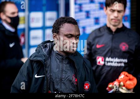 Herning, Dänemark. April 2021. Pione Sisto vom FC Midtjylland beim 3F Superliga-Spiel zwischen FC Midtjylland und Broendby IF in der MCH Arena in Herning. (Foto: Gonzales Photo/Alamy Live News Stockfoto