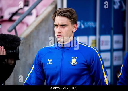 Herning, Dänemark. April 2021. Andreas Maxsoe von Broendby IF steigt in die 3F Superliga zwischen FC Midtjylland und Broendby IF in der MCH Arena in Herning ein. (Foto: Gonzales Photo/Alamy Live News Stockfoto