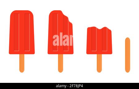 Popsicle ganz und gebissen, leeren Eis Stick isoliert auf weißem Hintergrund. Süßes, gefrorenes Sommerdessert. Vektorgrafik Cartoon-Illustration. Stock Vektor