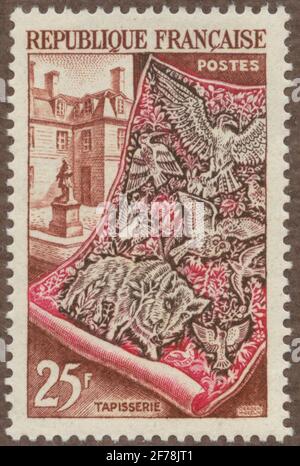 Die Briefmarke der philatelistischen Motivsammlung von Gösta Bodman begann 1950, die Briefmarke aus Frankreich, 1954. Motive von Gobeläng. „Tapiserie“. Stockfoto