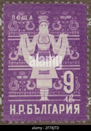 Briefmarke aus Gösta Bodmans philatelistischen Motivsammlung, begann 1950.die Briefmarke aus Bulgarien. Bewegungen der Stickerei. Stockfoto