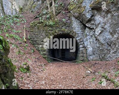 Verlassene Bahntunneleinfahrt der ehemaligen Ischler Bahn-Lokalbahn im Salzkammergut, Österreich Stockfoto