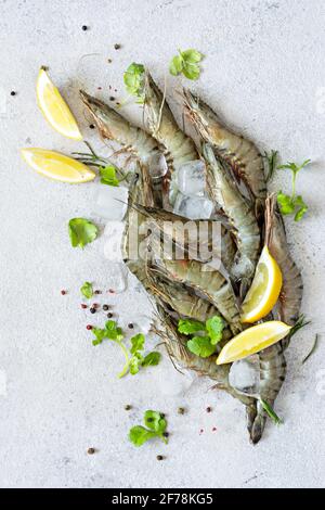 Frische Tigergarnelen mit Zitronenscheiben, Kräutern und Gewürzen auf Eiswürfeln auf hellgrauem Hintergrund. Rohe marinierte Meeresfrüchte bereit zum Kochen Stockfoto