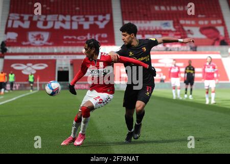 MIDDLESBROUGH, ENGLAND. 5. APRIL während des Sky Bet Championship-Spiels zwischen Middlesbrough und Watford im Riverside Stadium, Middlesbrough am Montag, 5. April 2021. (Kredit: Mark Fletcher, Mi News) Kredit: MI Nachrichten & Sport /Alamy Live Nachrichten Stockfoto