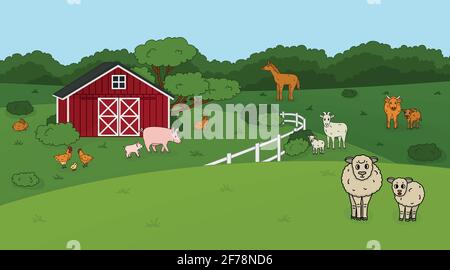 Set von niedlichen Doodle skizzieren Vektor Cartoon Haustier Tiere auf dem Land Bauernhof. Schaf, Widder, Kuh, Stierkalbenhuhn, Hahn, Ziegenmutter und -Baby, Schwein Stock Vektor