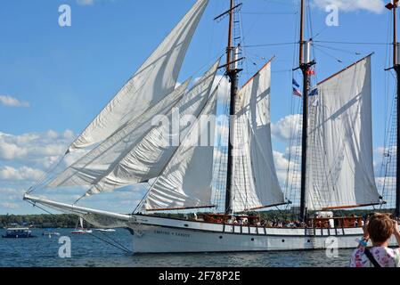 Brockville Canada nimmt an der TALL SHIPS CHALLENGE® Great Lakes Series Teil, die alle drei Jahre in dieser Region stattfindet, und Brockville nimmt seit 2013 Teil. Die nächste geplante Great Lakes Tour findet 2022 statt.Tall Ships, die Tall Ships, einschließlich der Bluenose II, und andere Wasserfahrzeuge in Brockville, Kanada. Verschiedene Ansichten von Veranstaltungen mit hohen Schiffen an der Brockville Waterfront am Blockhouse Island Parkway, Centeen Park und Hardy Park. Stockfoto