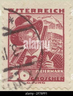 Briefmarke aus Gösta Bodmans Philatelistenauftrag, begann 1950.die Briefmarke aus Österreich, Steiermark. Stockfoto