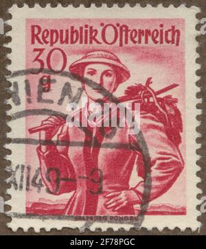 Stempel der Gösta Bodman Philatelist Motivsammlung, begann 1950, die Briefmarke aus Österreich, 1948. Motiv der Frauenkosten, Sazburg, Ponqau. Stockfoto