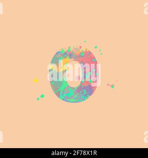 Zahl Null mit bunten gemischten Flecken von rosa, gelb, blau, türkis Farbe auf Pfirsich Hintergrund. Design für Banner, Flyer, Tags, Dekorationen, Poster oder Einladungen. Stock Vektor