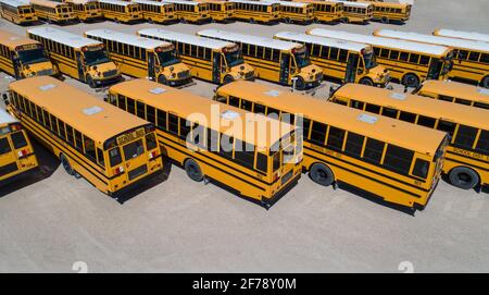 Luftaufnahme einer Reihe von Schulbussen Stockfoto