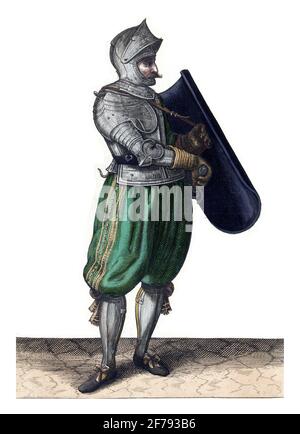 Die Übung mit Targe und Rapier: Der Soldat hält die Targe leicht nach vorne, um den Rapier, 1618, Vintage-Gravur, ziehen zu können. Stockfoto