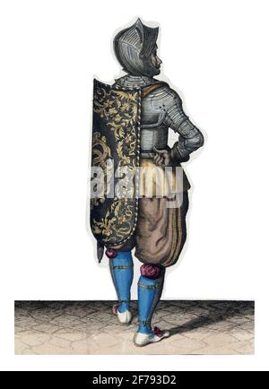 Die Übung mit Targe und Rapier: Der Soldat hängt die Targe auf den Rücken, 1618, Vintage-Gravur. Stockfoto