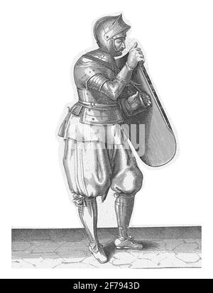 Die Übung mit dem Targe und dem Vergewaltiger: Der Soldat hält Targe mit der rechten Hand und greift den Gürtel der Targe mit der linken Hand, 1618 Stockfoto