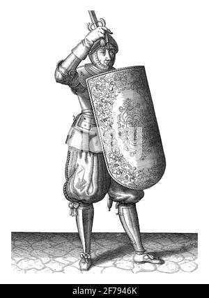 Die Übung mit dem Targe und dem Vergewaltiger : wie der Soldat das Visier seines Helms (Kasket) mit dem Targe und dem gezogenen Vergewaltiger in der Hand schließen muss, 1618 Stockfoto