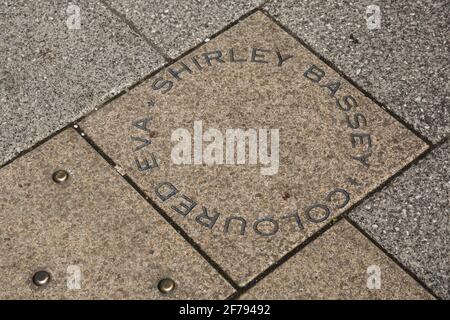 Cardiff, Großbritannien. Mai 2017. Ein Denkmal für die Sängerin Shirley Bassey auf dem Bürgersteig in der Bute Street. Shirley Bassey wurde über dem ehemaligen Canadian Cafe in der Bute Street 182 geboren, die damals die Hauptdurchgangsstraße des alten Tiger Bay Distrikts war. Kredit: Mark Kerrison/Alamy Live Nachrichten Stockfoto