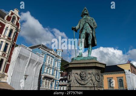 Statue von Baron Ludvig Holberg - war ein Schriftsteller, Essayist, Philosoph, Historiker geboren in Bergen, Norwegen, Stockfoto