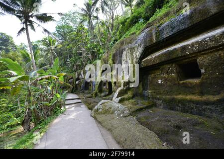 Der Gunung Kawi-Tempel ist ein uralter, ruhiger Hindu-Tempelkomplex inmitten von Reisfeldern, der für seine Schreine bekannt ist, die aus einer Klippe geschnitzt wurden. Stockfoto