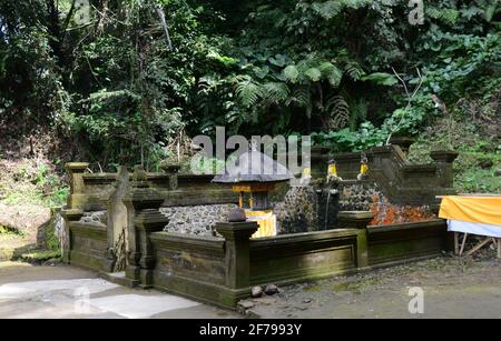 Der Gunung Kawi-Tempel ist ein uralter, ruhiger Hindu-Tempelkomplex inmitten von Reisfeldern, der für seine Schreine bekannt ist, die aus einer Klippe geschnitzt wurden. Stockfoto