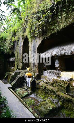 Der Gunung Kawi-Tempel ist ein uralter, ruhiger Hindu-Tempelkomplex inmitten von Reisfeldern, der für seine Schreine bekannt ist, die aus einer Klippe geschnitzt wurden. Stockfoto