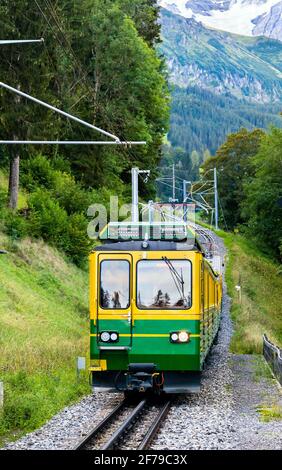 Zug auf der Wengernalp Bahn in Lauterbrunnen, Schweiz Stockfoto