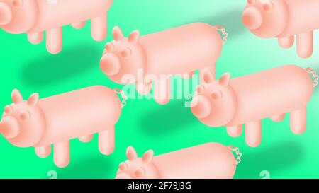 Niedliche Schweine isoliert auf Gradienten Hintergrund. Modder Animal Farm Konzept. 3D-Zylinder-Schweine. Minimale Isometrie. Stockfoto
