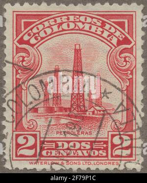 Briefmarke aus Gösta Bodmans Philatelistenauftrag, begann 1950, die Briefmarke aus Kolumbien, 1932. Bewegungen des Erdölturms. Stockfoto