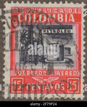 Die Briefmarke der philatelistischen Motivsammlung von Gösta Bodman begann 1950.die Briefmarke aus Kolumbien, 1939. Motive der Erdölanlage. Stockfoto