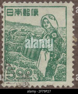 Stempel der Gösta Bodmans philatelistischen Motivsammlung, begann 1950.die Briefmarke aus Japan. Sammlungsanträge von 'Thé'. Stockfoto