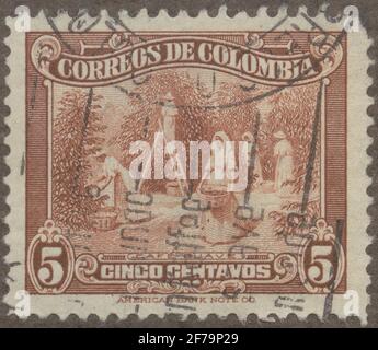 Die Briefmarke der philatelistischen Motivsammlung von Gösta Bodman begann 1950.die Briefmarke aus Kolumbien, 1934. Bewegungen der Kaffeeernte. Stockfoto