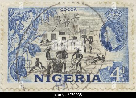 Stempel von Gösta Bodmans Philatelistenauftrag, begann 1950, die Briefmarke aus Nigeria, 1953. Motive der Kakaoernte. Stockfoto