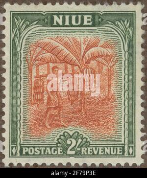 Die Briefmarke der philatelistischen Motivsammlung von Gösta Bodman begann 1950.die Briefmarke von Niue, 1950. Bananenmotive. Stockfoto