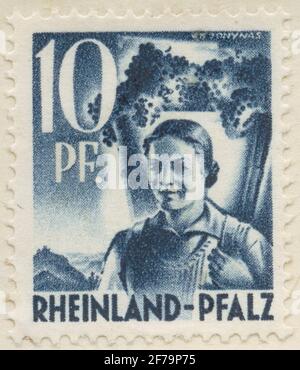 Die Briefmarke der philatelistischen Motivsammlung von Gösta Bodman begann 1950, die Briefmarke aus Rheinland-Pfalz, 1947. Bewegungen von Wein und Ernte. Stockfoto
