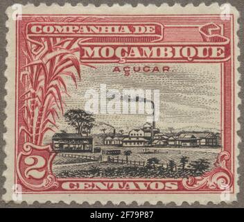 Die Briefmarke der philatelistischen Motivsammlung von Gösta Bodman begann 1950.die Briefmarke aus Mosambik, 1918. Bewegungen des Zuckers verwenden. Stockfoto