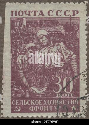 Die Briefmarke der philatelistischen Motivsammlung von Gösta Bodman begann 1950, die Briefmarke aus Russland, 1943. Bewegung der Milchprobe. Stockfoto