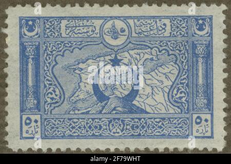 Stempel der Gösta Bodman Philatelist Motivsammlung, begann 1950, die Briefmarke aus der Türkei, 1916. Karte der Karte der dardanellen. Stockfoto