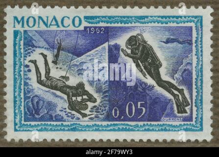 Briefmarke aus Gösta Bodmans Philatelistenauftrag, begann 1950.die Briefmarke aus Monaco, 1962. „Sea Research Series“. Stockfoto