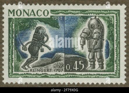 Briefmarke aus Gösta Bodmans Philatelistenauftrag, begann 1950.die Briefmarke aus Monaco, 1962. „Sea Research Series“. Stockfoto