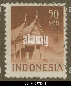 Die Briefmarke der philatelistischen Motivsammlung von Gösta Bodman begann 1950, die Briefmarke von 1949. Bewegungen von Häusern in Inodonese. Stockfoto