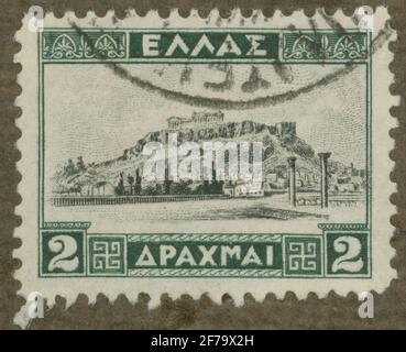 Briefmarke aus Gösta Bodmans Philatelistenauftrag, begann 1950, die Briefmarke aus Griechenland, 1927. Motive der Akropolis. Stockfoto