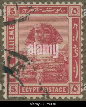 Briefmarke der philatelistischen Motivsammlung von Gösta Bodman, begann 1950.die Briefmarke aus Ägypten, 1914. Bewegungen der Sphinx in Ginzeh. Stockfoto
