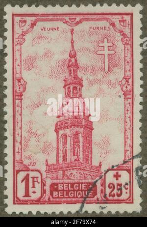 Die Briefmarke der philatelistischen Motivsammlung von Gösta Bodman begann 1950, die Briefmarke aus Belgien, 1939. Motive der Kathedrale von Furnes. „Tuberkulose-Serie“. Stockfoto