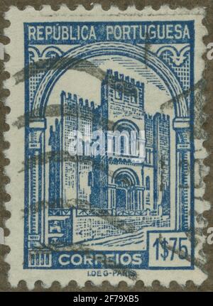 Briefmarke von Gösta Bodmans Philatelistenauftrag, begann 1950.die Briefmarke aus Portugal. Bewegungen der Kathedrale von Coimbra. Stockfoto